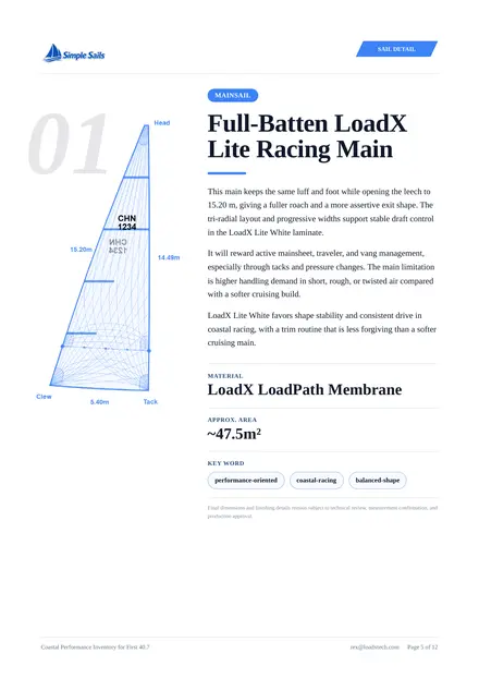 Mainsail page from First 40.7 proposal